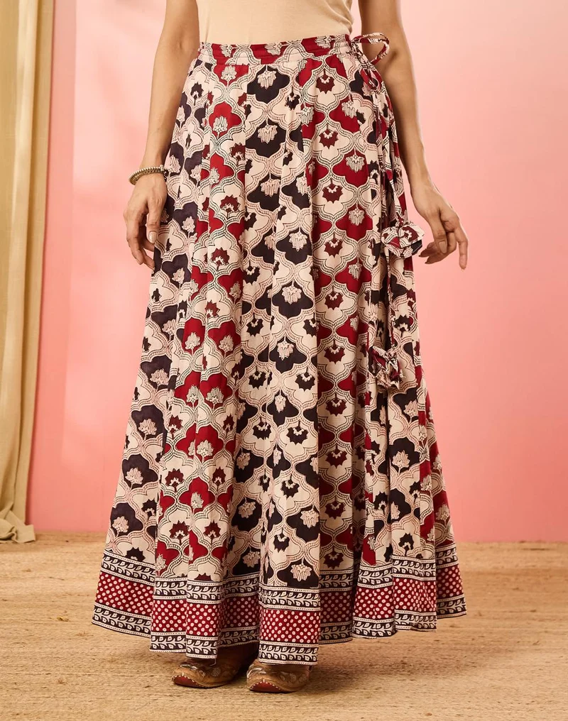 Fabindia  Maroon Cotton Bagh Printed Ghera Skirt for Women | Best Price UAE