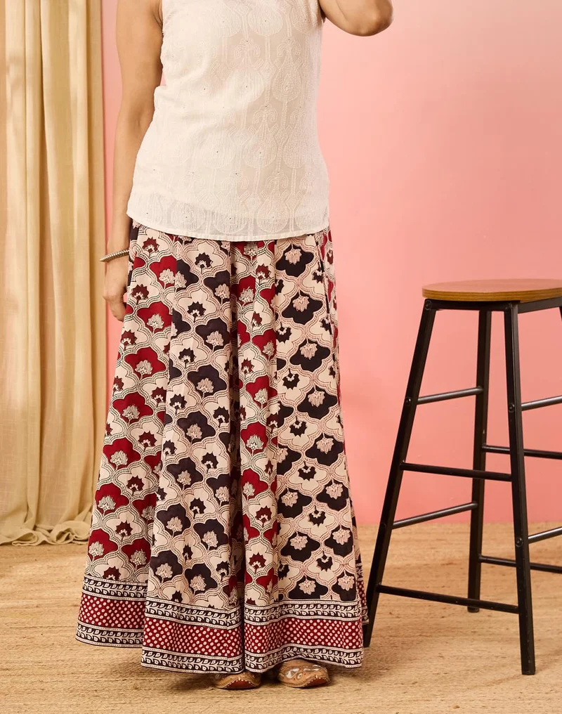 Fabindia  Maroon Cotton Bagh Printed Ghera Skirt for Women | Best Price UAE