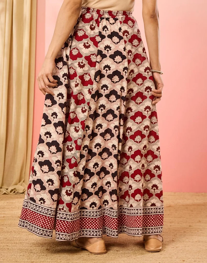 Fabindia  Maroon Cotton Bagh Printed Ghera Skirt for Women | Best Price UAE