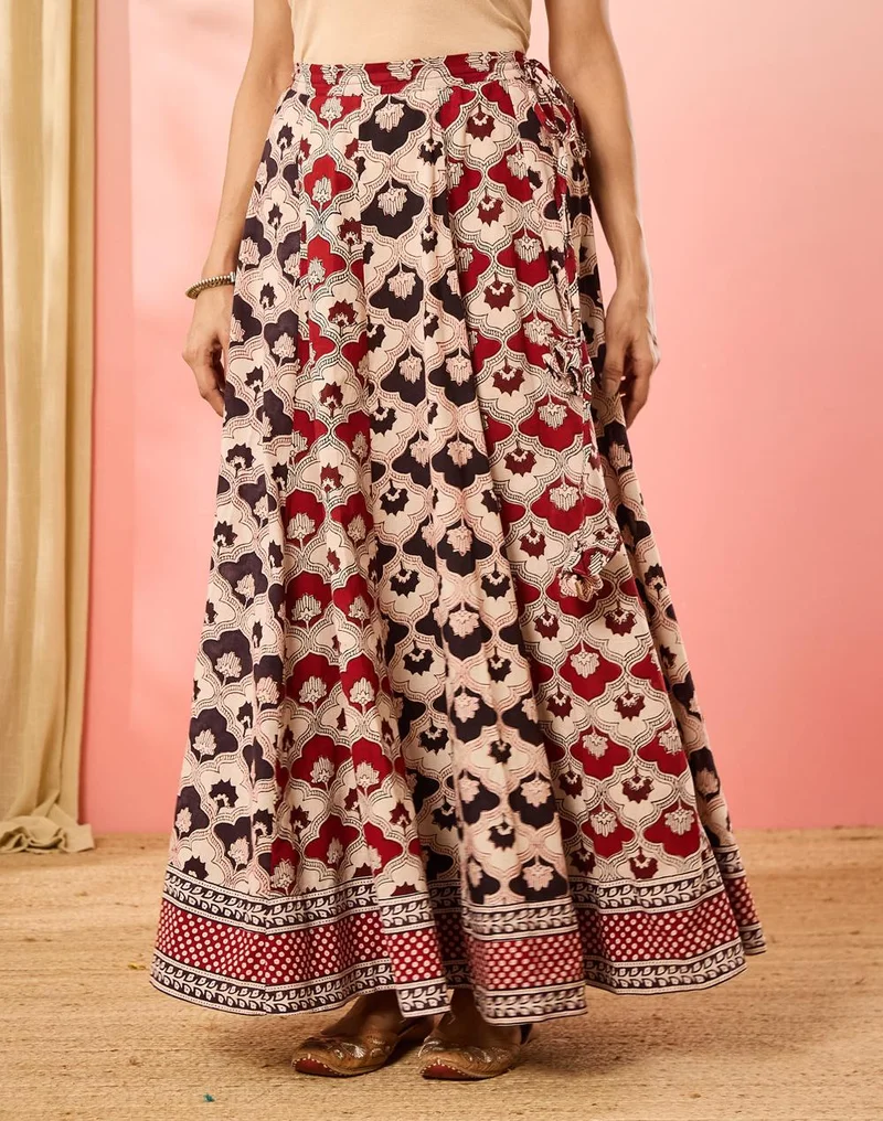 Maroon Cotton Bagh Printed Ghera Skirt