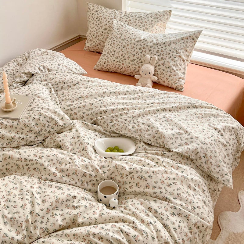 MOTNTD Aesthetic Floral Duvet Cover Queen Cozy Cotton Bedding Set Queen Shabby Chic Green Botanical French Style Duvet Cover Set Off White Comforter Cover with Fresh Flower Pattern, Breathable, Lightweight - Image 3