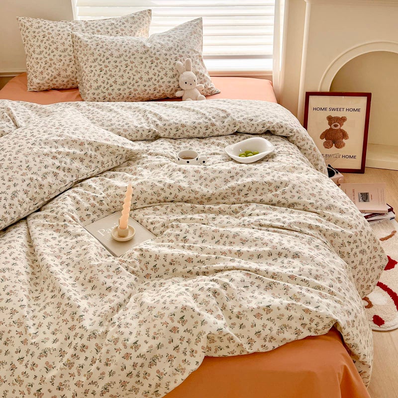 MOTNTD Aesthetic Floral Duvet Cover Queen Cozy Cotton Bedding Set Queen Shabby Chic Green Botanical French Style Duvet Cover Set Off White Comforter Cover with Fresh Flower Pattern, Breathable, Lightweight - Image 1