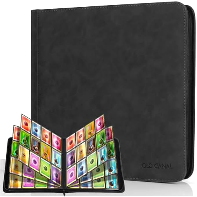 Old Canal TRADING CARD ALBUM, CARD SCRAPBOOK WITH 12 COMPARTMENTS FOR UP TO 720 CARDS, PORTABLE ZIP BINDER, CARD BINDER FOR MTG, TCG, BASEBALL CARDS, FOOTBALL CARDS, GAME CARDS (BLACK) - Image 1