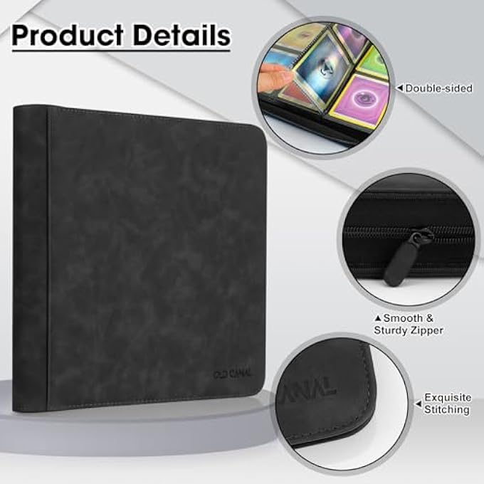 Old Canal TRADING CARD ALBUM, CARD SCRAPBOOK WITH 12 COMPARTMENTS FOR UP TO 720 CARDS, PORTABLE ZIP BINDER, CARD BINDER FOR MTG, TCG, BASEBALL CARDS, FOOTBALL CARDS, GAME CARDS (BLACK) - Image 4