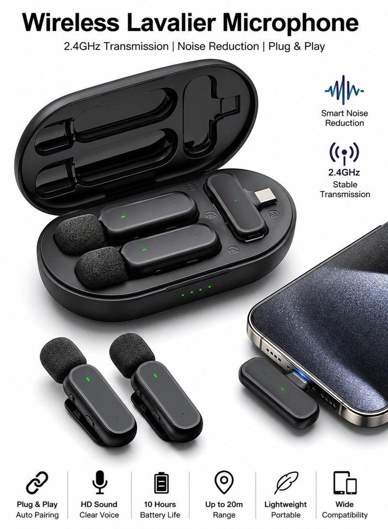 OULIYO Wireless Lavalier Microphone for iPhone, 2.4GHz Clip-On Mini Mic with Charging Case, Noise Cancellation, Portable Recording Microphone for TikTok, YouTube, Podcast, Interview, Vlog - Image 1
