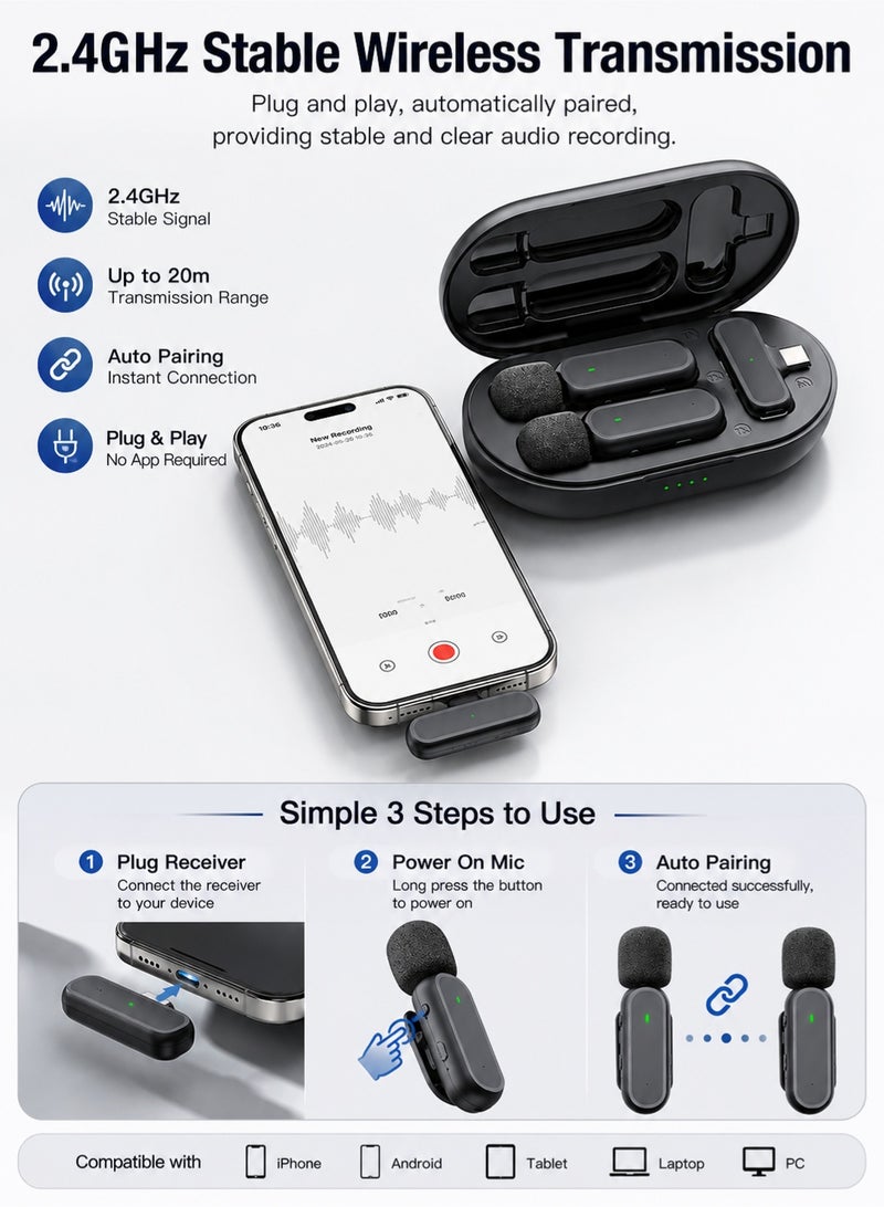 OULIYO Wireless Lavalier Microphone for iPhone, 2.4GHz Clip-On Mini Mic with Charging Case, Noise Cancellation, Portable Recording Microphone for TikTok, YouTube, Podcast, Interview, Vlog - Image 2