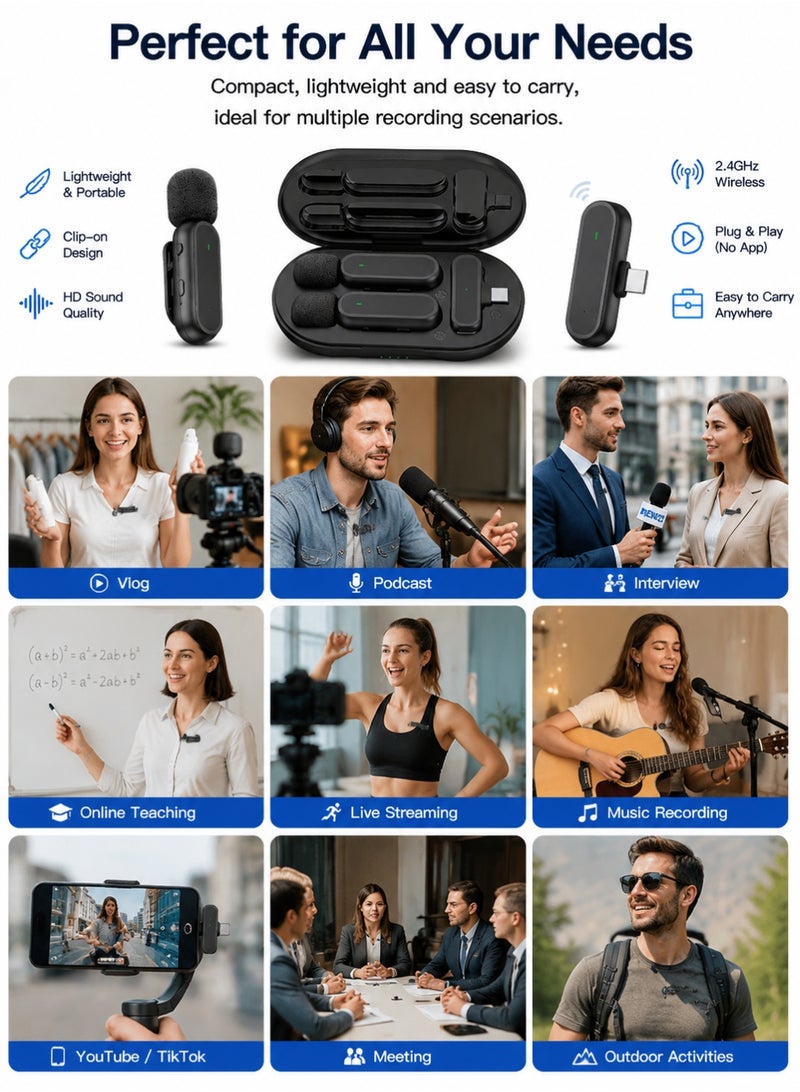 OULIYO Wireless Lavalier Microphone for iPhone, 2.4GHz Clip-On Mini Mic with Charging Case, Noise Cancellation, Portable Recording Microphone for TikTok, YouTube, Podcast, Interview, Vlog - Image 5