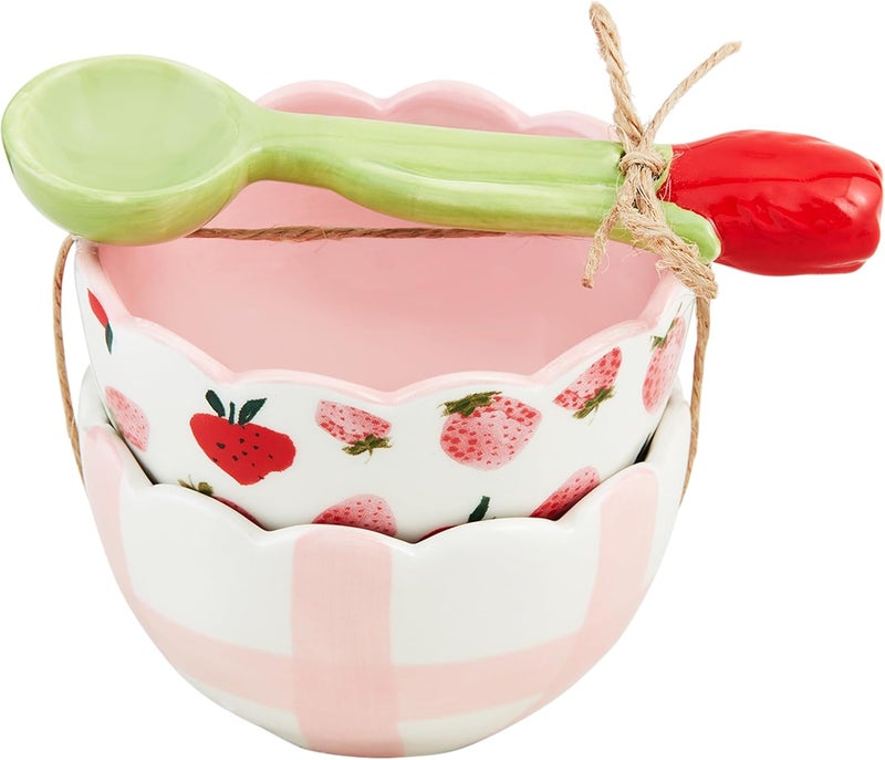 Mud Pie Pink Floral Fruit Tid Bit bowl 2 x 3 dia  spoon 4 14