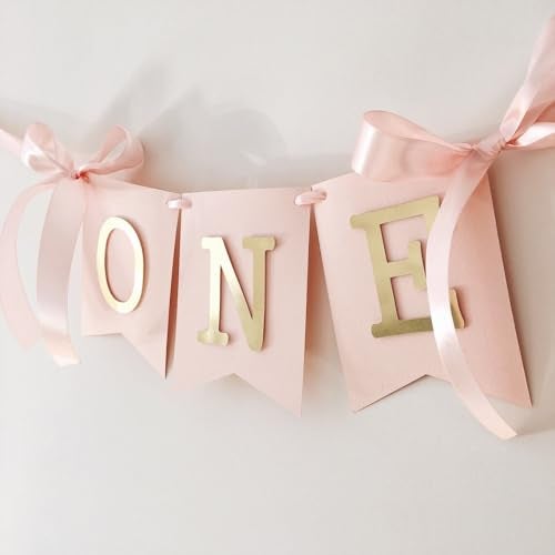 Haoser Blush Pink & Gold High Chair Banner for Girl 1st Birthday Decorations | Baby Girl One Year Party Decor | First Birthday Highchair Garland (Paper) - Image 1
