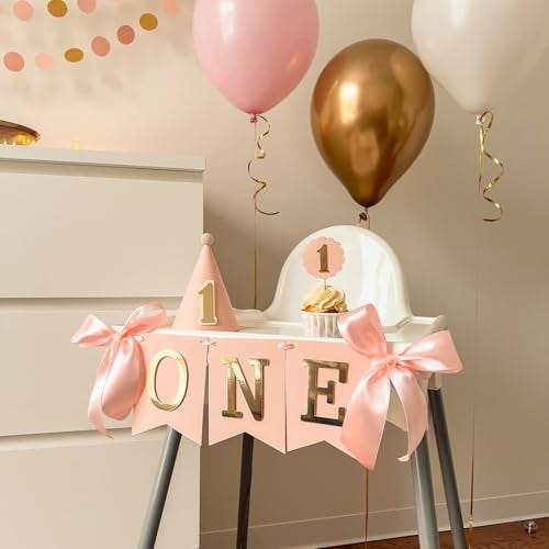Haoser Blush Pink & Gold High Chair Banner for Girl 1st Birthday Decorations | Baby Girl One Year Party Decor | First Birthday Highchair Garland (Paper) - Image 2
