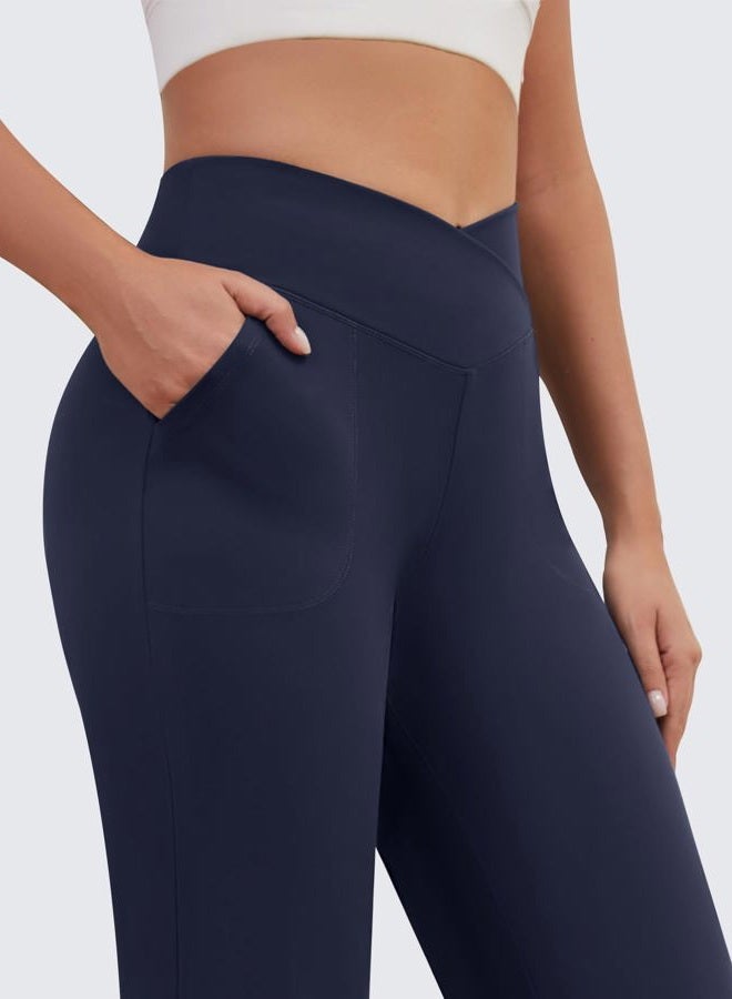 DLOODA Womens Wide Leg Yoga Pants Crossover Work Dress Pants Lounge Sweatpants Casual Trousers with Pockets, Navy Blue, M - Image 2