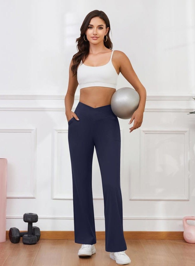 DLOODA Womens Wide Leg Yoga Pants Crossover Work Dress Pants Lounge Sweatpants Casual Trousers with Pockets, Navy Blue, M - Image 3