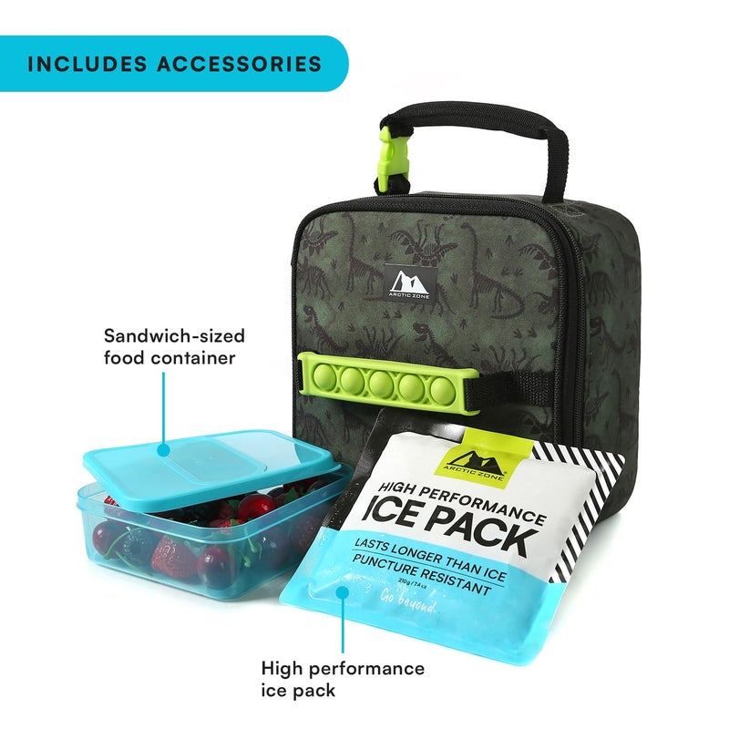 Arctic Zone Kids Lunch Box Combo with Gel Ice Pack and Sandwich Container, Insulated Bag, Sensory Fidget Toy Handle, Dino Skeleton Dye - Image 3