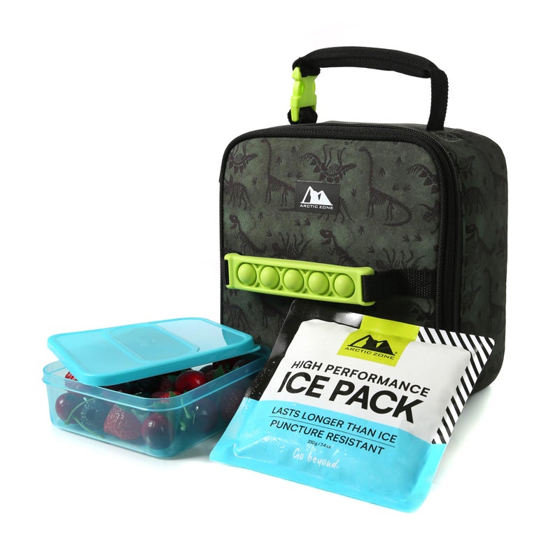 Arctic Zone Kids Lunch Box Combo with Gel Ice Pack and Sandwich Container, Insulated Bag, Sensory Fidget Toy Handle, Dino Skeleton Dye - Image 1