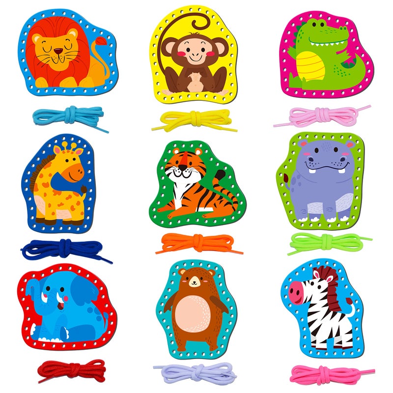 SpriteGru 9 Pieces Kids Lacing Cards Double Sided Sewing Cards in 9 Wild Animals with 9 Colorful Laces Imagination Development Lacing Toys Games for Children Educational and Learning Activity - Image 2