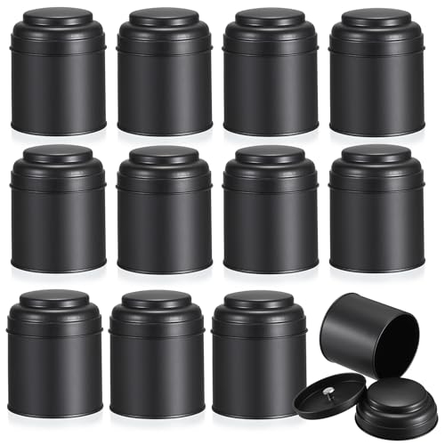 JUXYES 12 Pack Tea Tins Canister with Airtight Double Lids 8 fl oz Loose Leaf Tea Storage Airtight Kitchen Canisters Tins Can Box for Storage Loose Tea Coffee Herbs and Spices Black - Image 1