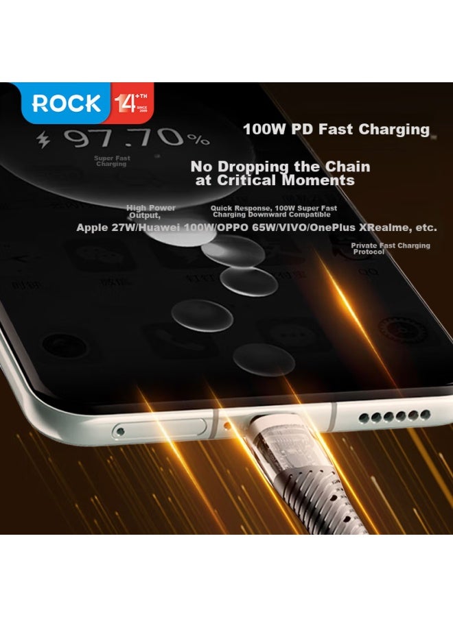Rock Iphone 16/15 Charging Cable, Three-in Data Cable, One-to Type-c, Full Protocol Pd/fcp/scp/oc, 100w Fast Charging, For Apple/huawei/android, 1.5m, Black - Image 3