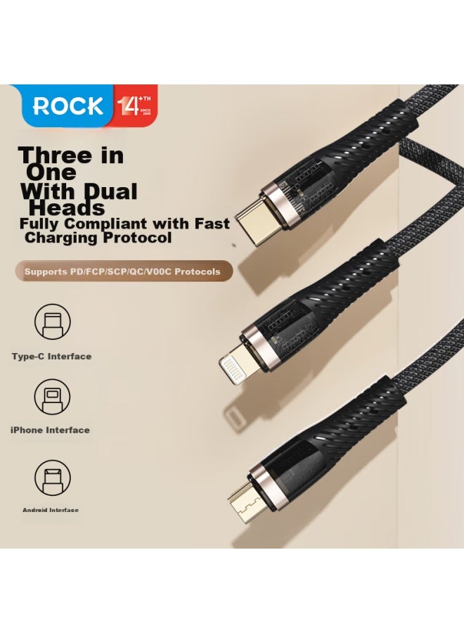 Rock Iphone 16/15 Charging Cable, Three-in Data Cable, One-to Type-c, Full Protocol Pd/fcp/scp/oc, 100w Fast Charging, For Apple/huawei/android, 1.5m, Black - Image 1