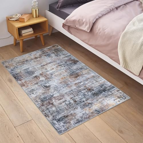 IOHOUZE Small Abstract Area Rug 2x3 Ft Entryway Rugs Washable Door Mat Indoor Entrance Rubber Backed Throw Rugs Printed Faux Wool Non Slip Floor Carpet for Foyer Front Door Sink Orange Grey - Image 3