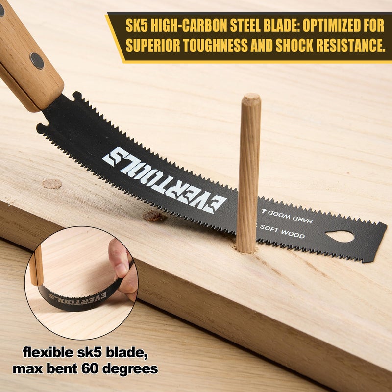 Evertools Japanese Hand Saw Set, 3-Piece Pull Saw with 6" Ryoba, 6" Flush Cut & 8" Pruning Blade, SK5 Steel for Woodworking, Trim, Wood Cutting - Image 2