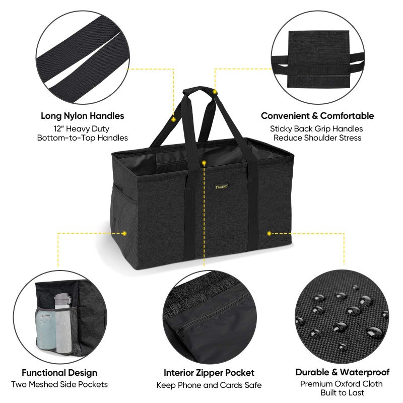 BALEINE Extra Large Utility Tote Bag with Reinforced Wire Frame, Reusable Grocery Bag for Shopping, Picnic (Black, 22''x12''x10'') - Image 5