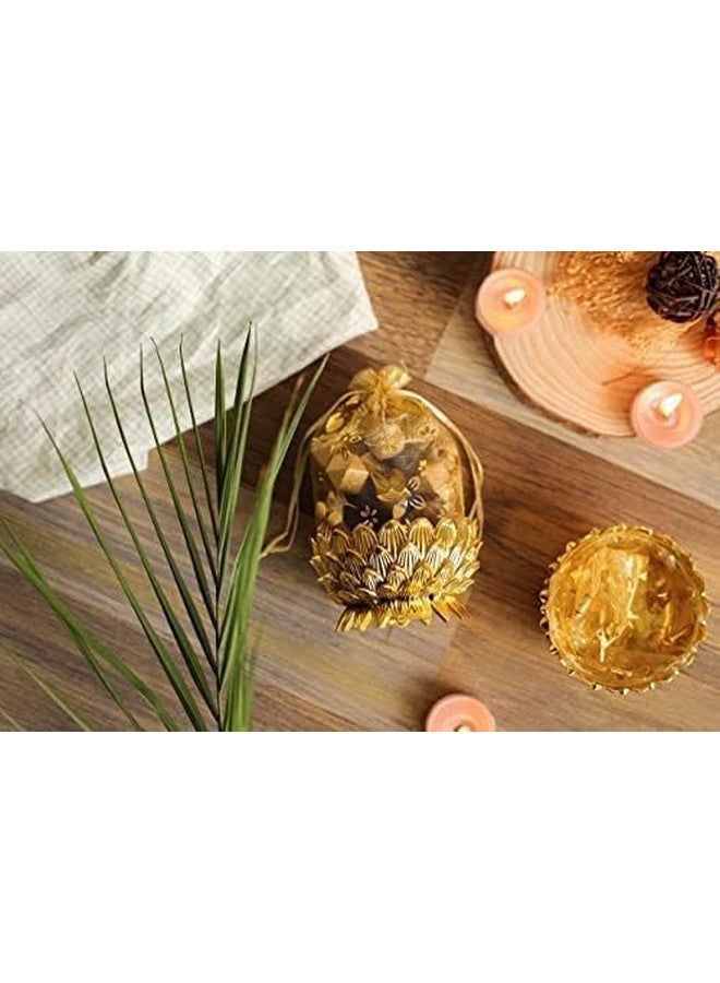 Satyam Kraft SATYAM KRAFT 6 Pcs Small Mini Acrylic Lotus Golden Decorative Boxes | Multipurpose Gift Packaging for Wedding, Pooja, Haldi, Mehendi, Return Gifts, Dry Fruits, Sweets, Potli & Festive Hampers | Traditional Favor potli (Gold, Round, 14 x 7.5 cm)  - Image 4