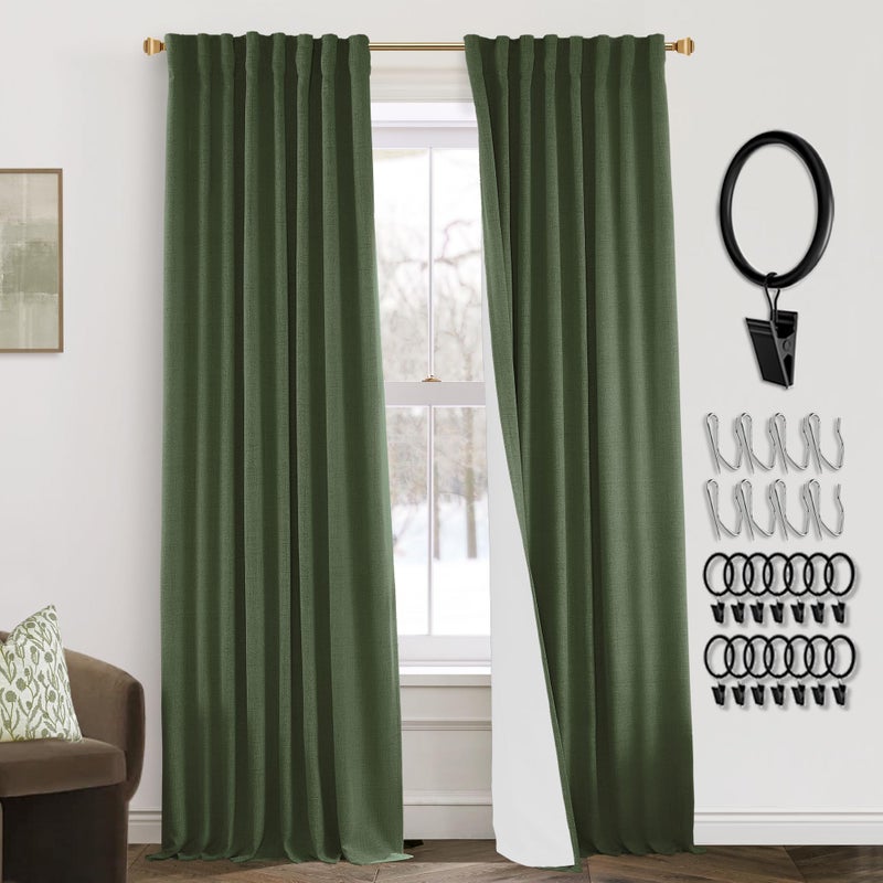 PANELSBURG Dark Olive Green Curtains for Living Room 96 Inch Length Moody Window Treatments Thermal Room Darkening Linen Blackout Curtain Drapes 96 Inches Long 2 Panel Set - Image 1