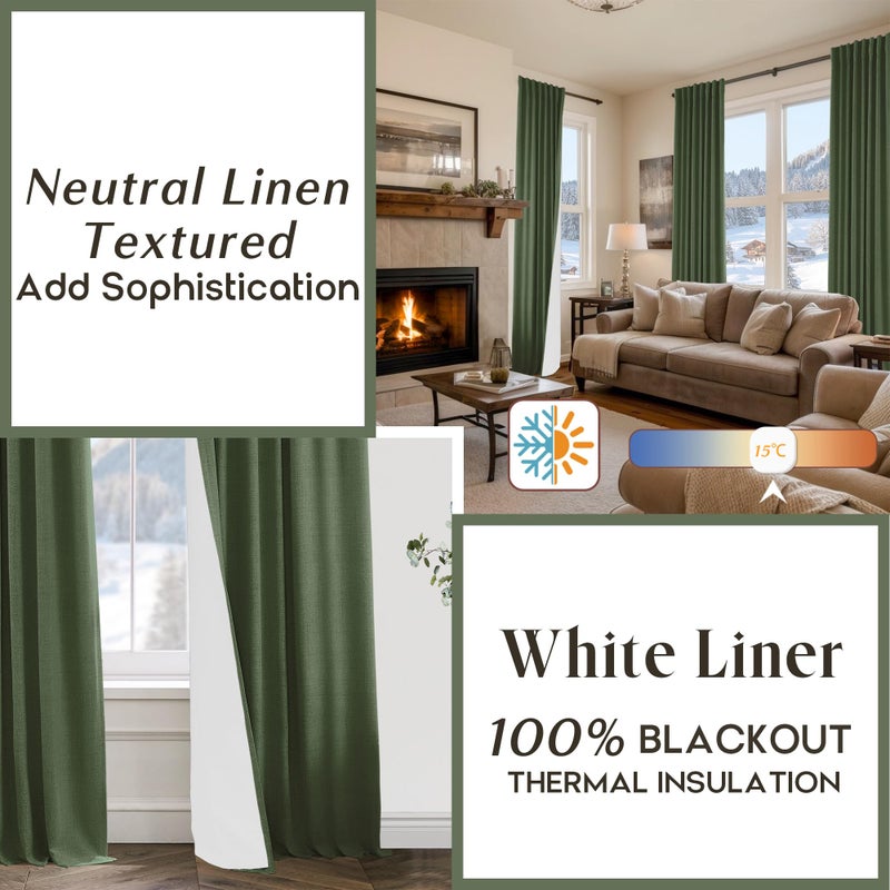 PANELSBURG Dark Olive Green Curtains for Living Room 96 Inch Length Moody Window Treatments Thermal Room Darkening Linen Blackout Curtain Drapes 96 Inches Long 2 Panel Set - Image 3