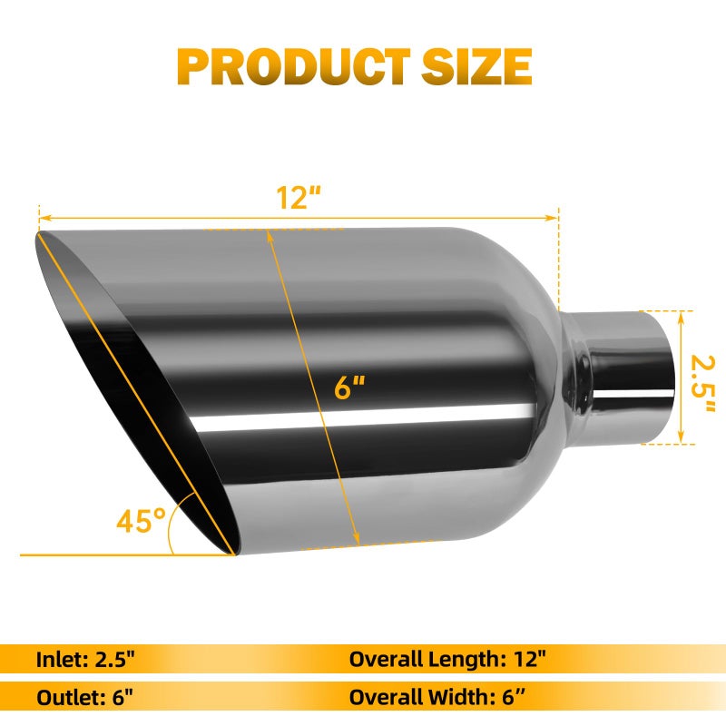 Piclafe 2.5 inch exhaust tip, 2.5" Inlet 6.00" Outlet 12.00" Overall Length, 304 Stainless Steel Chrome Plated Exhaust Tip - Image 2