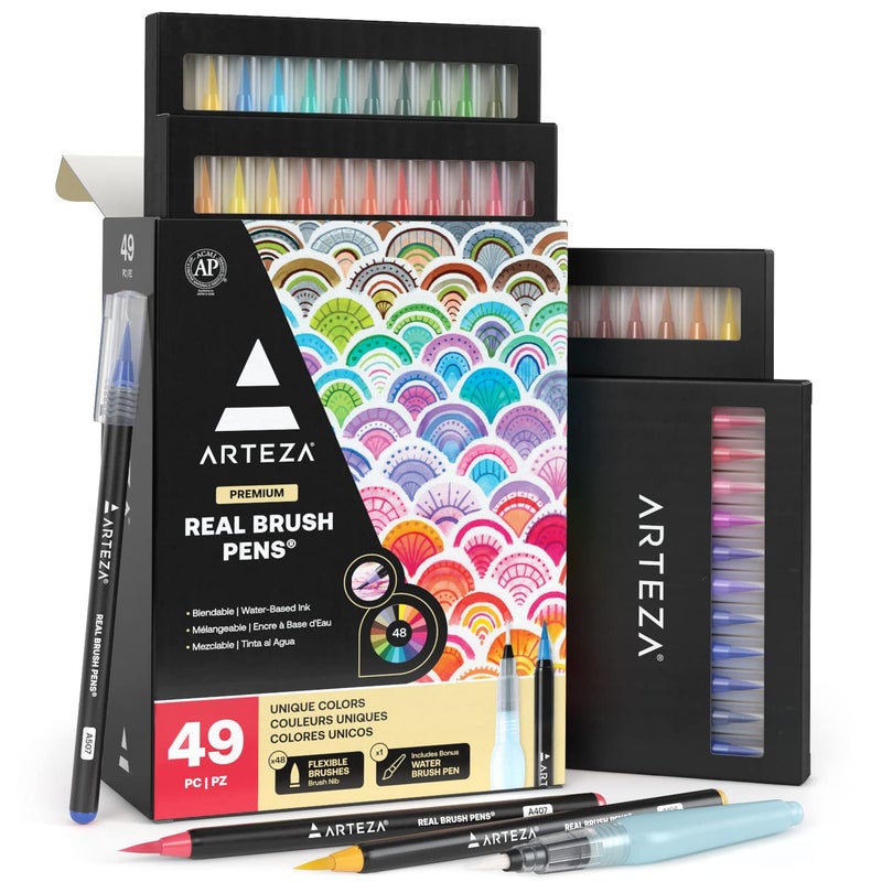 ARTEZA Real Brush Pens 48 Watercolor Pens Drawing Markers with Flexible Brush Tips Watercolor Markers for Artists and Beginners