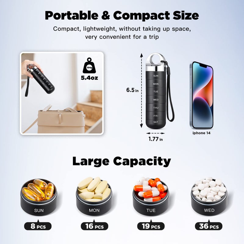 Zannaki Metal Travel Pill Organizer, Portable Waterproof Weekly Pill Box, Large Aluminum Alloy Pill Case Container, BPA Free 7 Day Daily Medicine Organizer Holder for Vitamin, Fish Oil, Supplement - Image 2