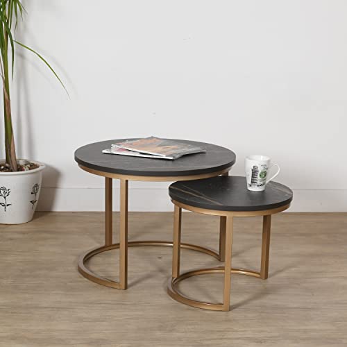 Priti - Golden Coffee Table Golden with Black Laminated Marble Table top Round Metal Table and Outdoor or Indoor, Accent for Living Room Bedroom Balcony and Office - Set of Two - Image 1