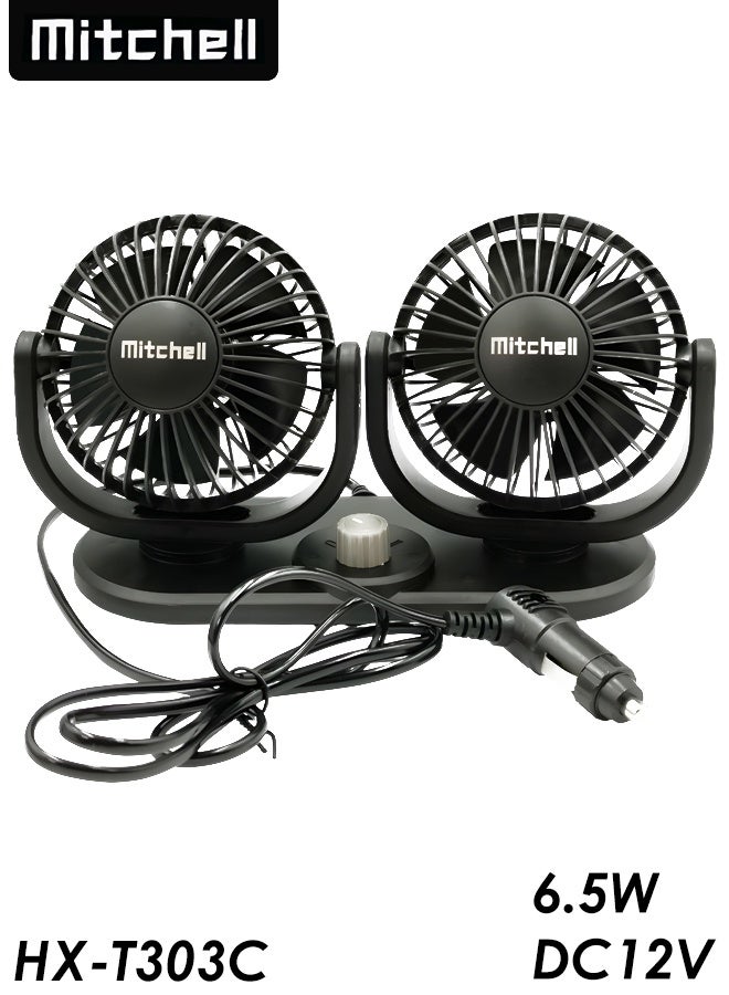ميتشل مروحة سيارة Mitchell ثنائية الرأس HX-T303C 12 فولت تيار مستمر 6.5 واط مروحة تبريد قابلة للتعديل مع دوران 360 درجة، تدفق هواء مزدوج قوي، ضوضاء منخفضة، مقبض للتحكم في السرعة، حامل لوحة القيادة، تصميم مضغوط للسيارة والشاحنات وسيارات الدفع الرباعي والمنزل والمكتب واستخدام التخييم - Image 1