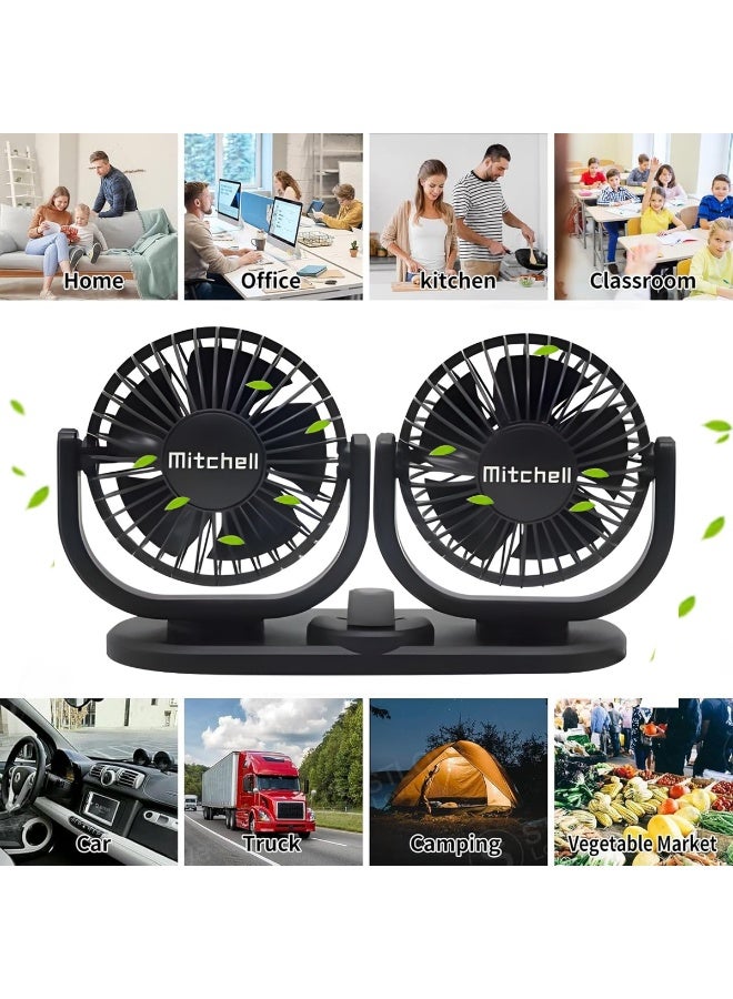 ميتشل مروحة سيارة Mitchell ثنائية الرأس HX-T303C 12 فولت تيار مستمر 6.5 واط مروحة تبريد قابلة للتعديل مع دوران 360 درجة، تدفق هواء مزدوج قوي، ضوضاء منخفضة، مقبض للتحكم في السرعة، حامل لوحة القيادة، تصميم مضغوط للسيارة والشاحنات وسيارات الدفع الرباعي والمنزل والمكتب واستخدام التخييم - Image 4