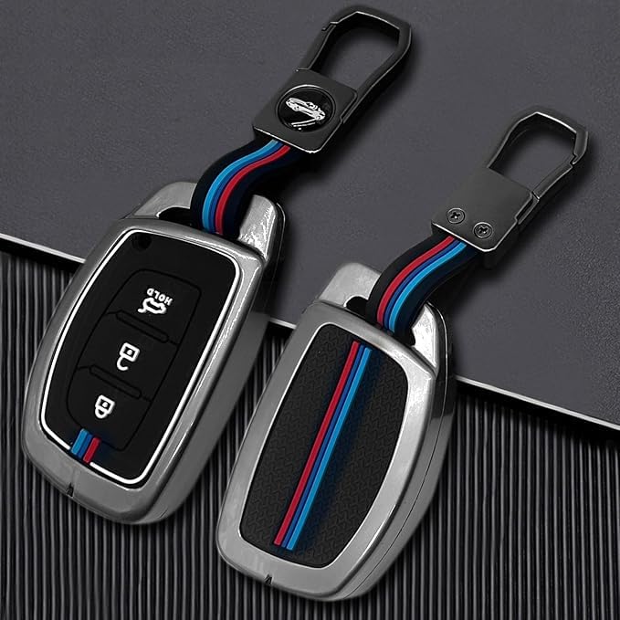 Namani Key Cover Silicone Metal Alloy Compatible with Hyunndai i20, Creta, Venue, Tucson, Alcazar, Verna, Xcent, Aura, Elantra-3 Button Smart Key Full Key Protection with Keychain - Image 2