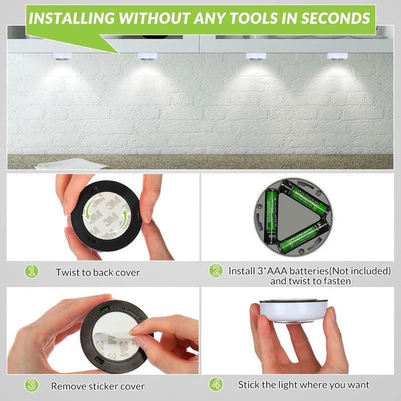 Macarrie ماكارى 24 قطعة ضوء لمسة دفع 268 مصباح LED مصغر ليلي لاسلكي محمول تحت الخزانة 60 لومن يعمل بالبطارية للضوء اللاصق على الجدار الخزانة المطبخ أبيض - Image 4