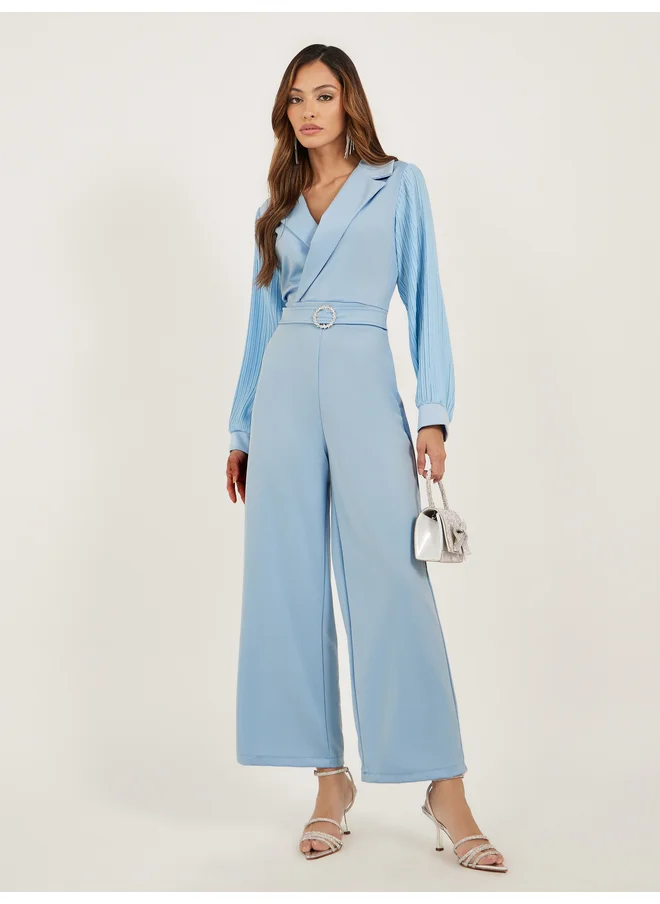 ستايلي Styli Pleated Balloon Sleeves Straight Leg Jumpsuit with Belted Detail