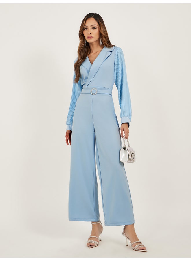 Styli Styli Pleated Balloon Sleeves Straight Leg Jumpsuit with Belted Detail  - Image 1