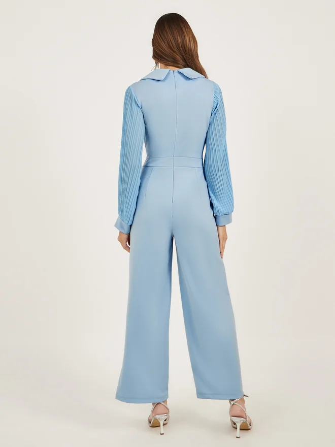 Styli Styli Pleated Balloon Sleeves Straight Leg Jumpsuit with Belted Detail