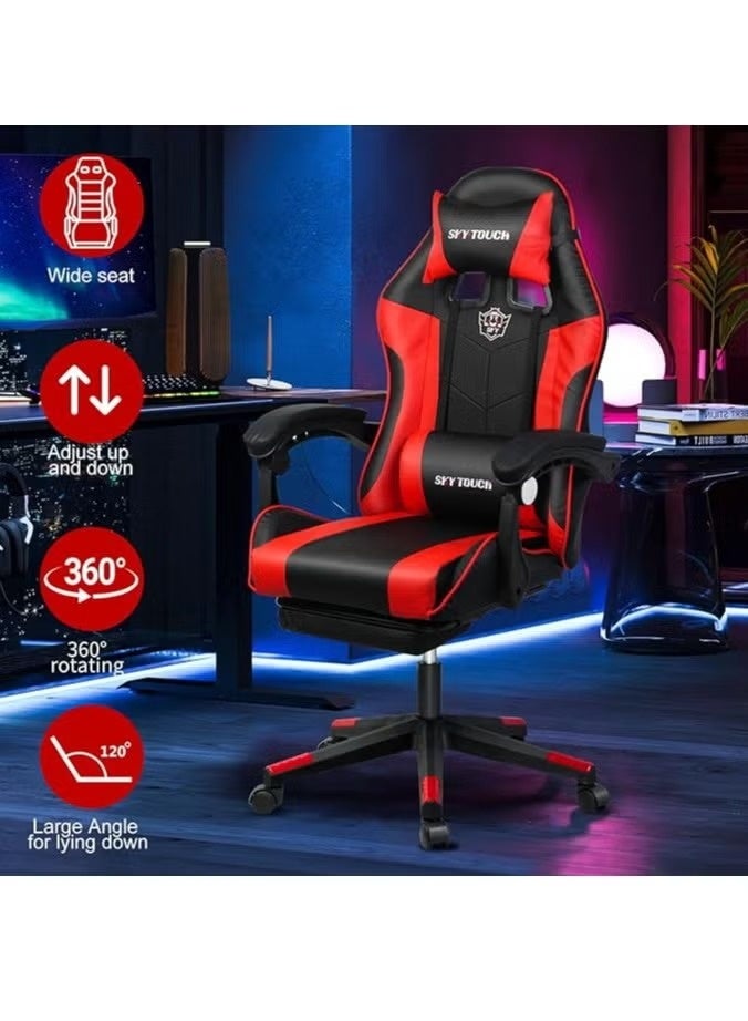 سكاي تاتش كرسي ألعاب كمبيوتر قابل للتعديل، كرسي مكتب من الجلد الصناعي، ظهر مرتفع، دعم قطني، مسند ذراع مريح، مسند رأس، أحمر وأسود - Image 4