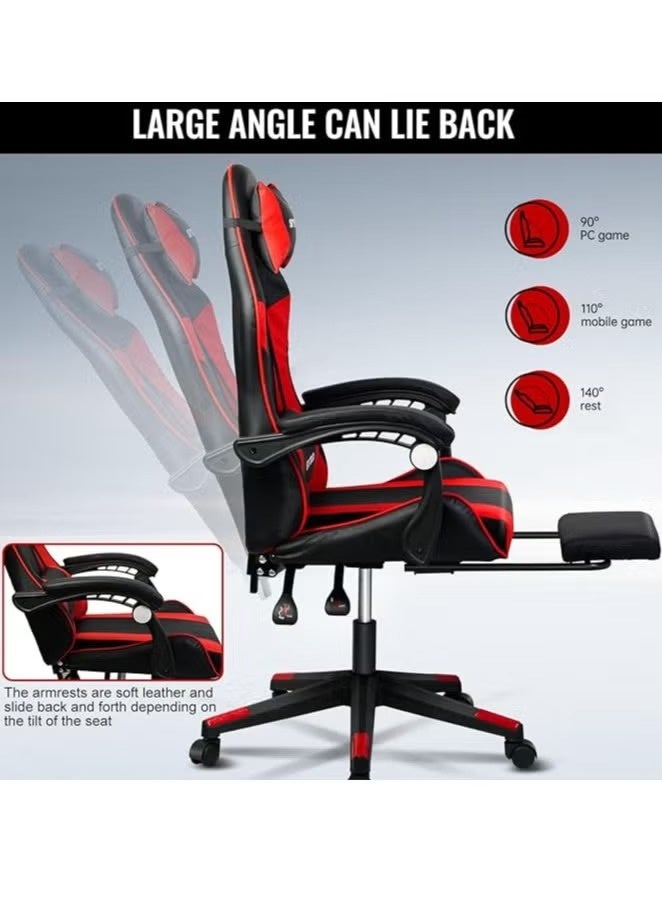 سكاي تاتش كرسي ألعاب كمبيوتر قابل للتعديل، كرسي مكتب من الجلد الصناعي، ظهر مرتفع، دعم قطني، مسند ذراع مريح، مسند رأس، أحمر وأسود - Image 5
