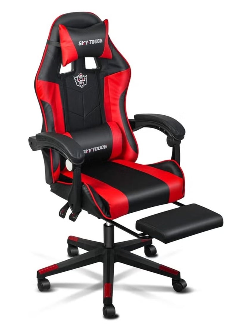 سكاي تاتش كرسي ألعاب كمبيوتر قابل للتعديل، كرسي مكتب من الجلد الصناعي، ظهر مرتفع، دعم قطني، مسند ذراع مريح، مسند رأس، أحمر وأسود - Image 1