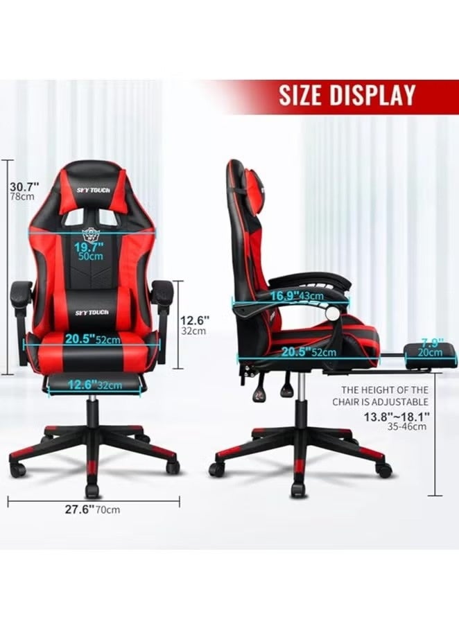 سكاي تاتش كرسي ألعاب كمبيوتر قابل للتعديل، كرسي مكتب من الجلد الصناعي، ظهر مرتفع، دعم قطني، مسند ذراع مريح، مسند رأس، أحمر وأسود - Image 3