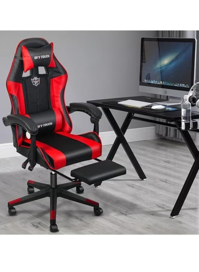 سكاي تاتش كرسي ألعاب كمبيوتر قابل للتعديل، كرسي مكتب من الجلد الصناعي، ظهر مرتفع، دعم قطني، مسند ذراع مريح، مسند رأس، أحمر وأسود - Image 2