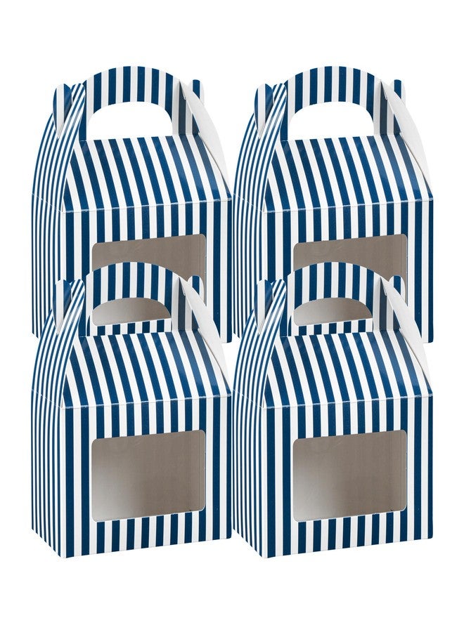 Restaurantware Bio Tek 6 x 3.5 x 3.5 Inch Gable Boxes For Party Favor, 25 Striped Gift Boxes - Clear Window, Built-In Handle, Blue And White Paper Barn Boxes, Disposable, For Parties - Image 1
