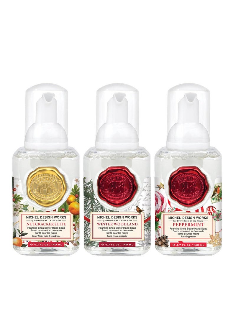Michel Design Works - Michel Design Works Wintertime Whimsy Mini Foaming Soap 3-Pack Set (Nutcracker Suite, Winter Woodland, Peppermint) - Image 1