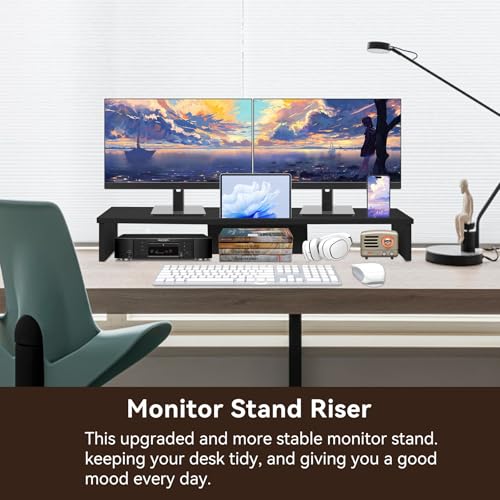 Qupui Dual Monitor Stand Riser with Phone Tablet Holder, 35.8in Large Monitor Stand for Desk, Computer Monitor Stand for 2 Monitors, Desk Shelf for Top of Desk, Desktop Organizer for Laptop, Printer, TV - Image 3