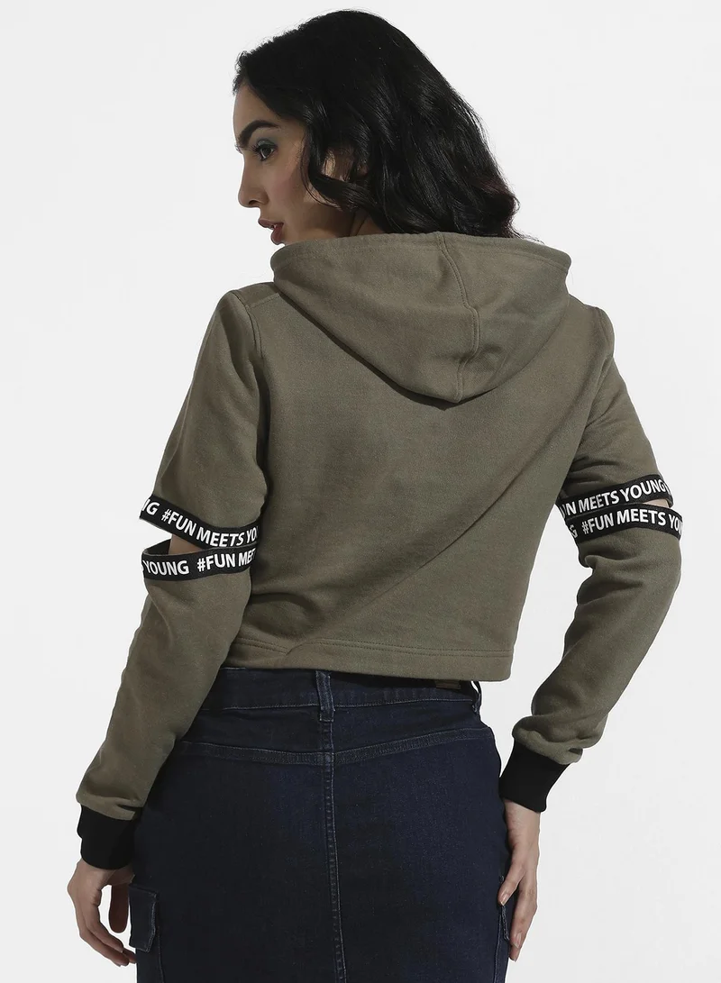 Pinacolada  Women's Olive Green Pullover Hoodie With Cut-Out Sleeves for Women | Best Price UAE