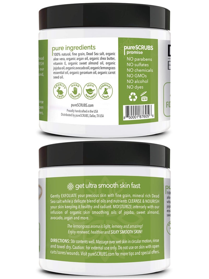 pureSCRUBS Premium Lemongrass Dead Sea Salt Body Exfoliator Scrub, Full Exfoliating Body Scrubber - Large 16oz Jar, Filled With Essential Oils, Includes Spoon, Loofah & Exfoliating Skin Soap - Image 2