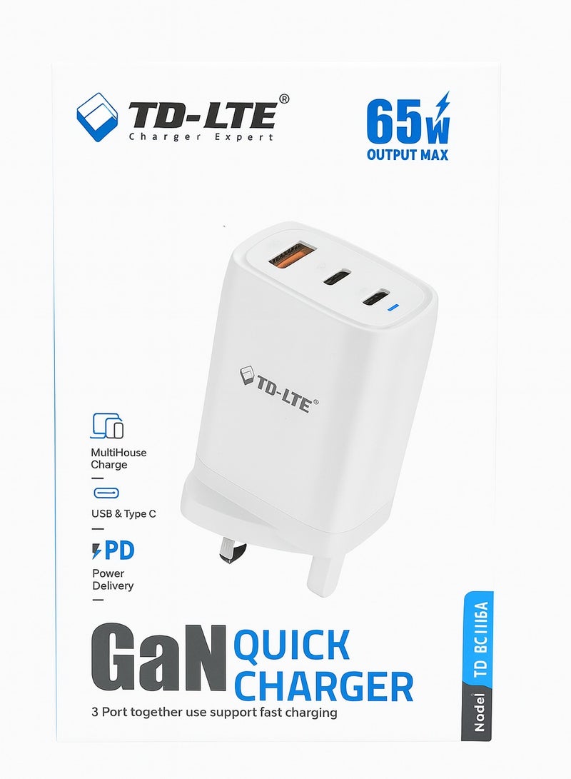تي دي كيه-إل تي إي شاحن سريع بتقنية TD-LTE بقوة 65 واط بتقنية GaN - محول حائط فائق الصغر بثلاثة منافذ USB-C مع منفذي PD ومنفذ USB-A - توصيل طاقة عالي السرعة لأجهزة iPhone وSamsung وMacBook وأجهزة الكمبيوتر المحمولة - قابس أمان ثلاثي الأطراف بريطاني، أبيض - Image 3